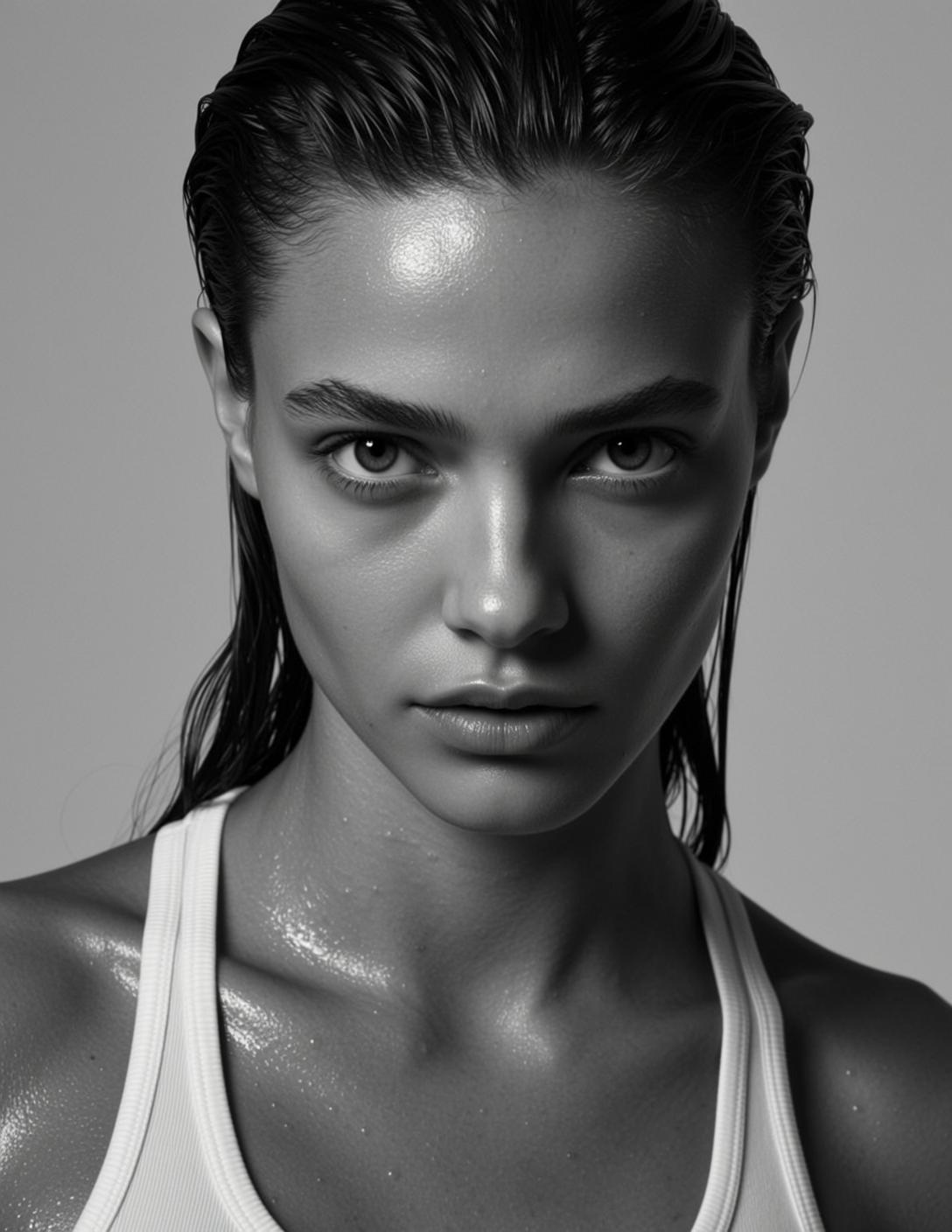 Medium Shot Black And White Photorealistic Portrait Young Woman With reference photo