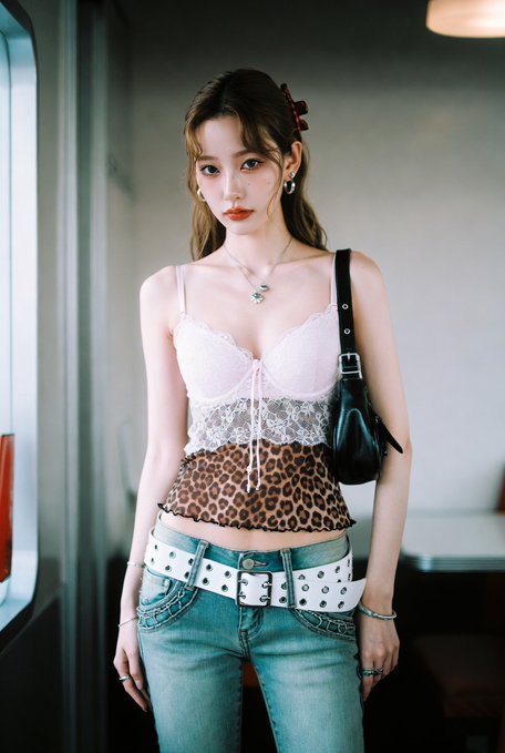 A woman in a pale pink lace bralette and denim jeans, smiling, stands in a bright interior with sheer layers and a black shoulder bag.