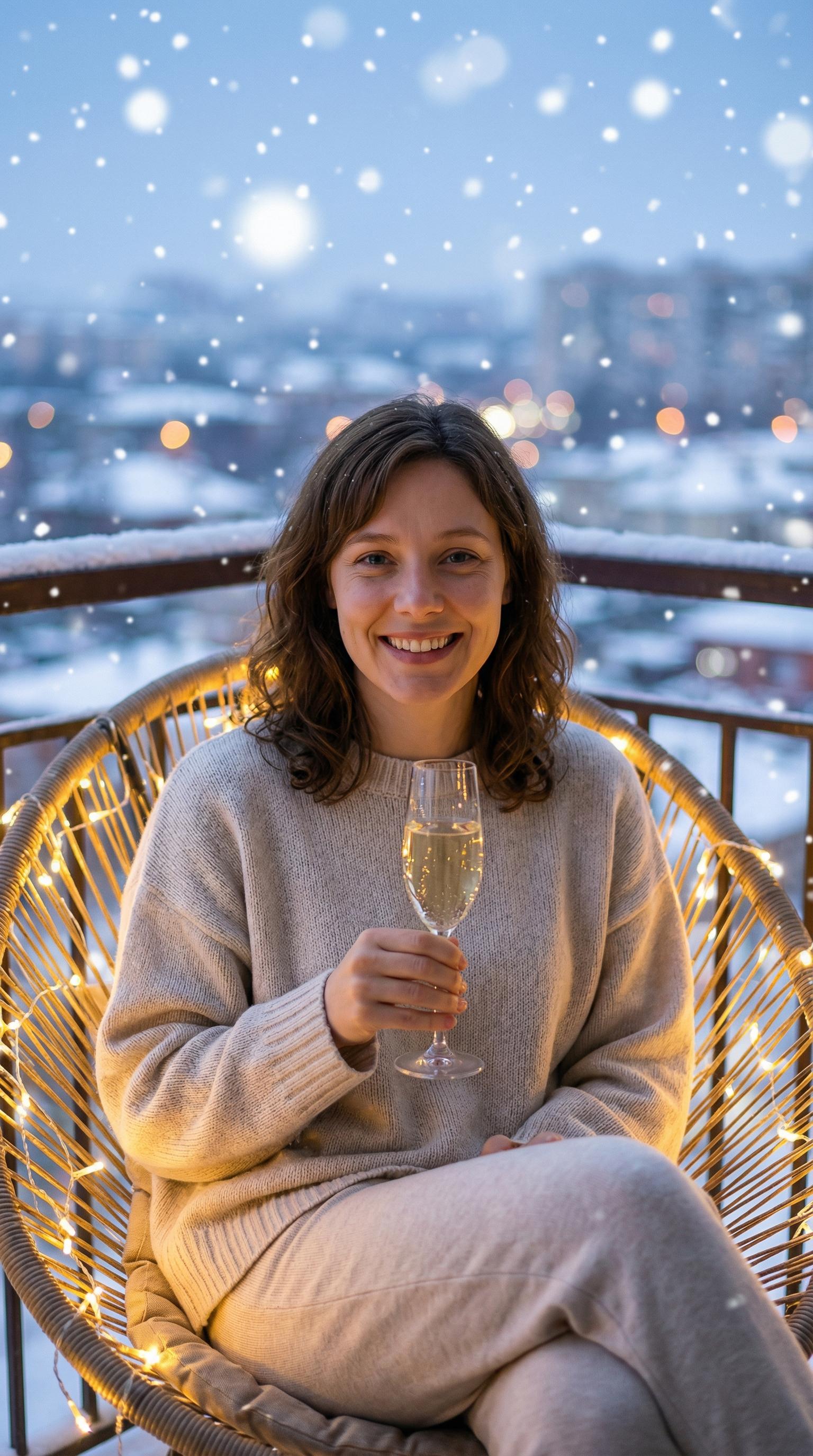 Girl Cozy Balcony Winter City Sparkling Wine Snowflakes