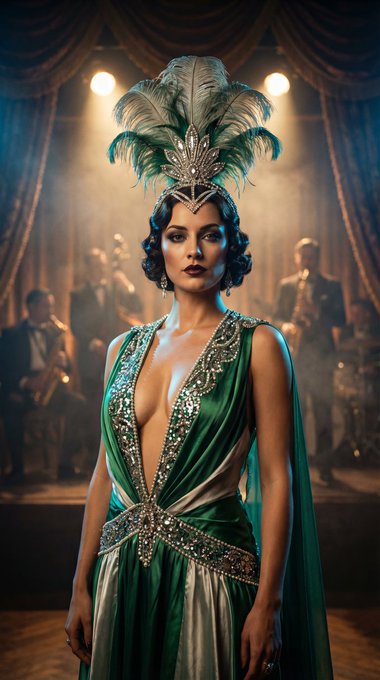 Emerald Silk Gown 1920s Performer Jazz Stage