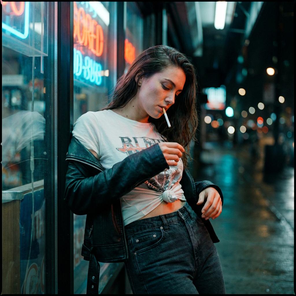 Neon Storefront Woman Leather Jacket Night Vertical