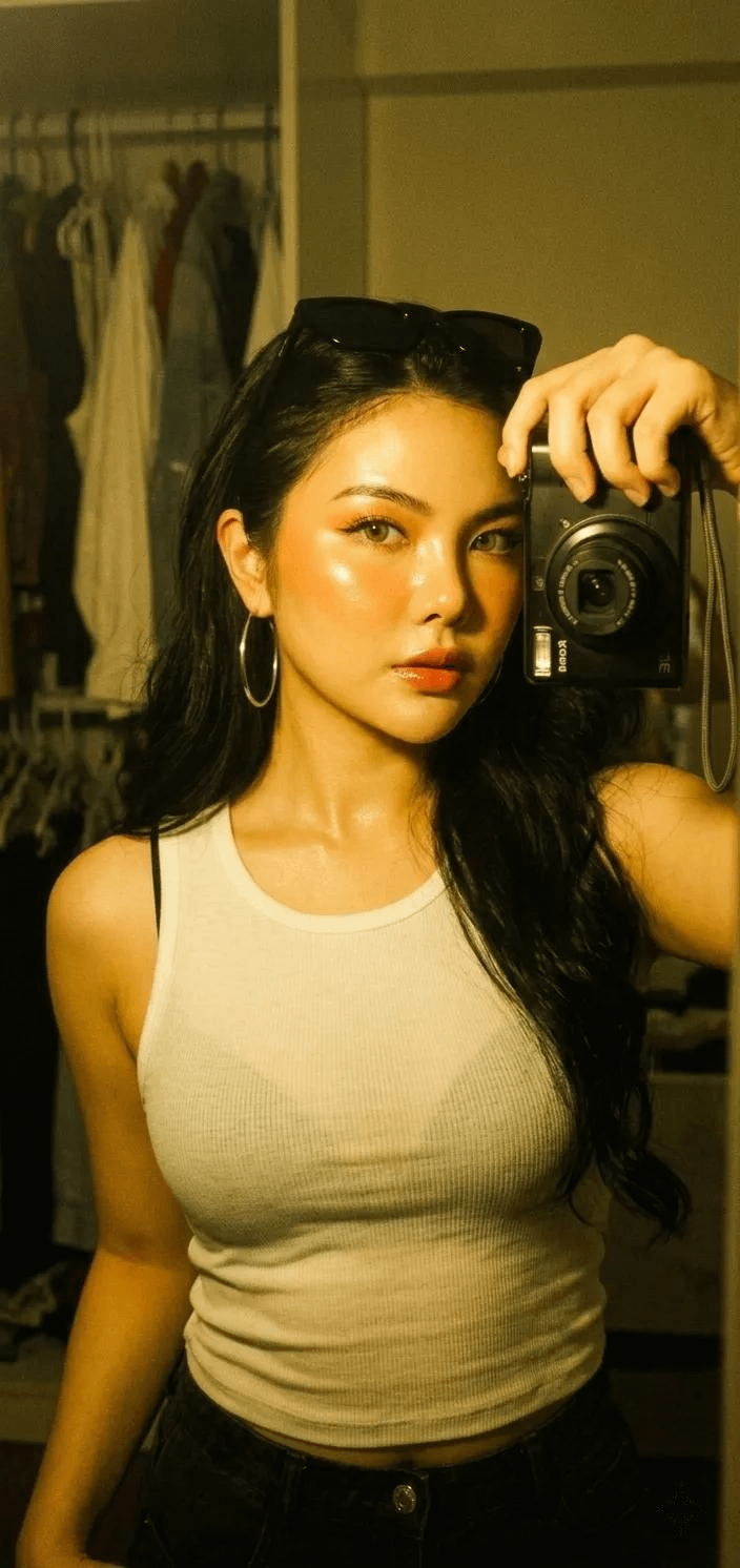 A confident woman taking a mirror selfie, showcasing dewy skin, silver hoops, and a vintage black digicam.