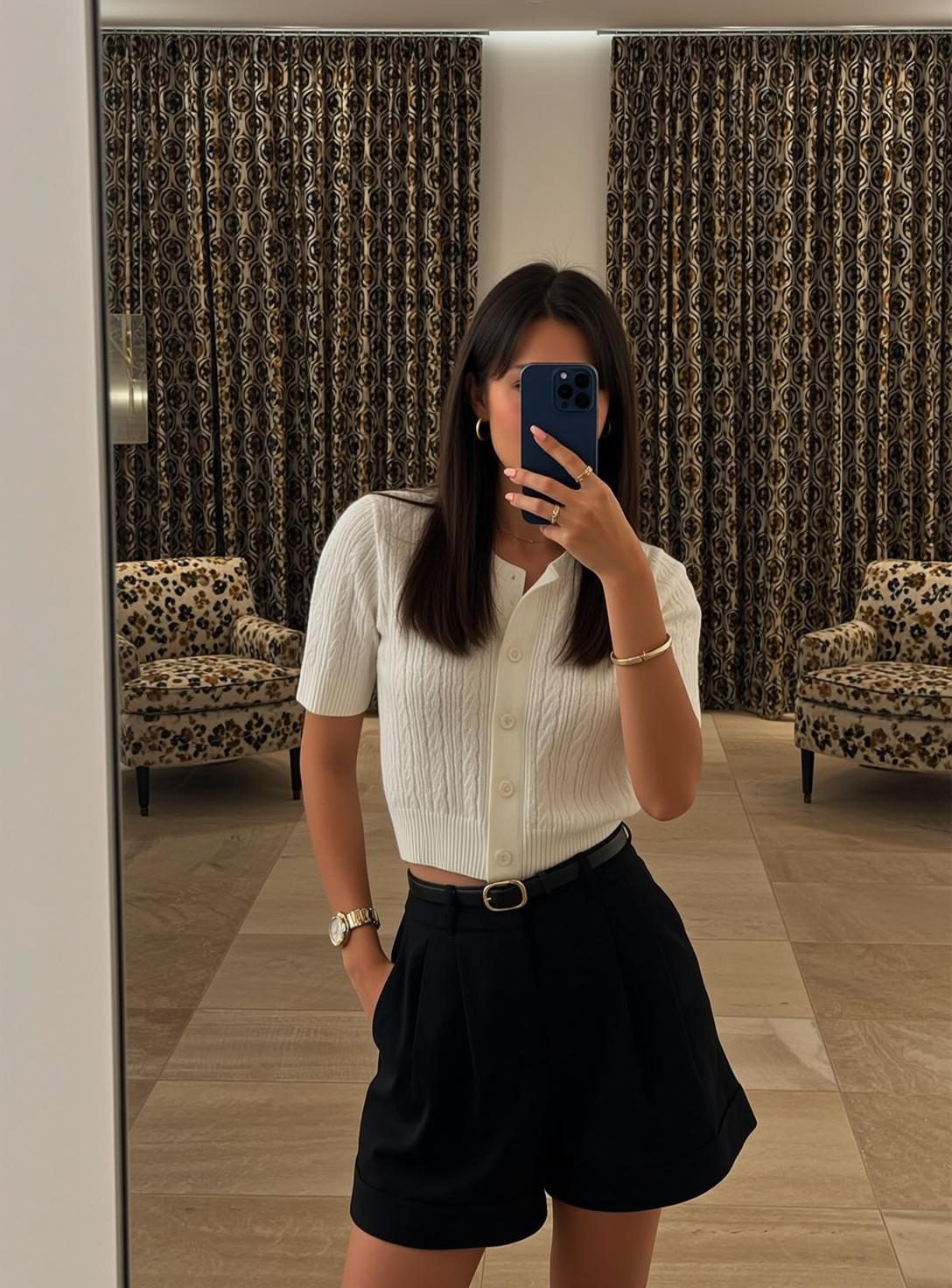 Hotel Room Selfie Blue Phone Gold Jewelry reference photo