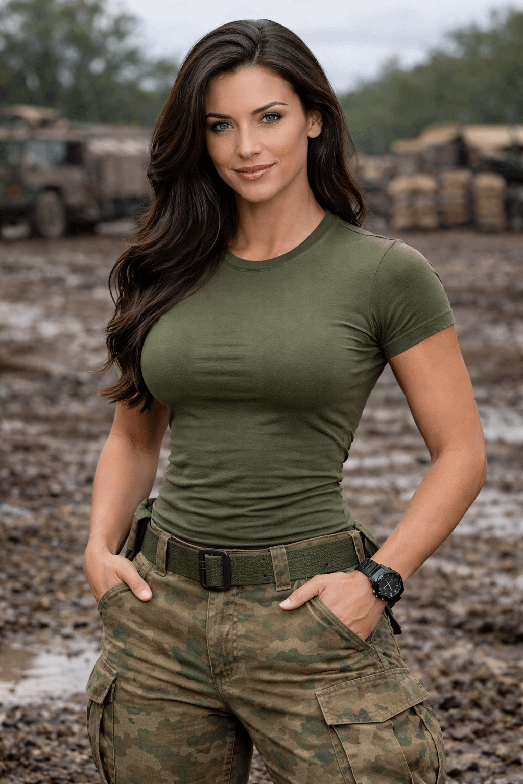 Olive Green T Shirt Camouflage Cargo Pants Outdoor Scene reference photo