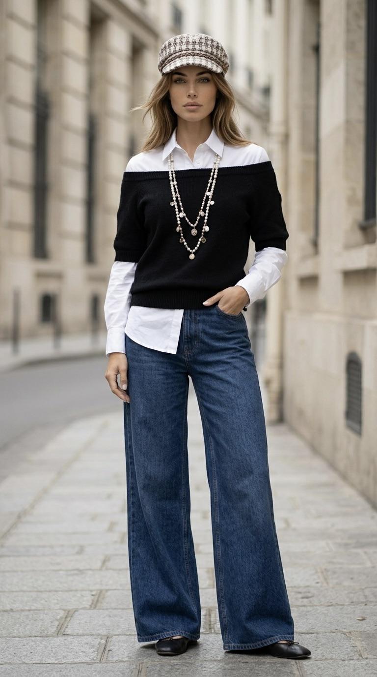 A tall fashion influencer in a Parisian urban setting, wearing high-waisted palazzo-style jeans and a structured white shirt, styled with a black off-shoulder sweater and pearls.