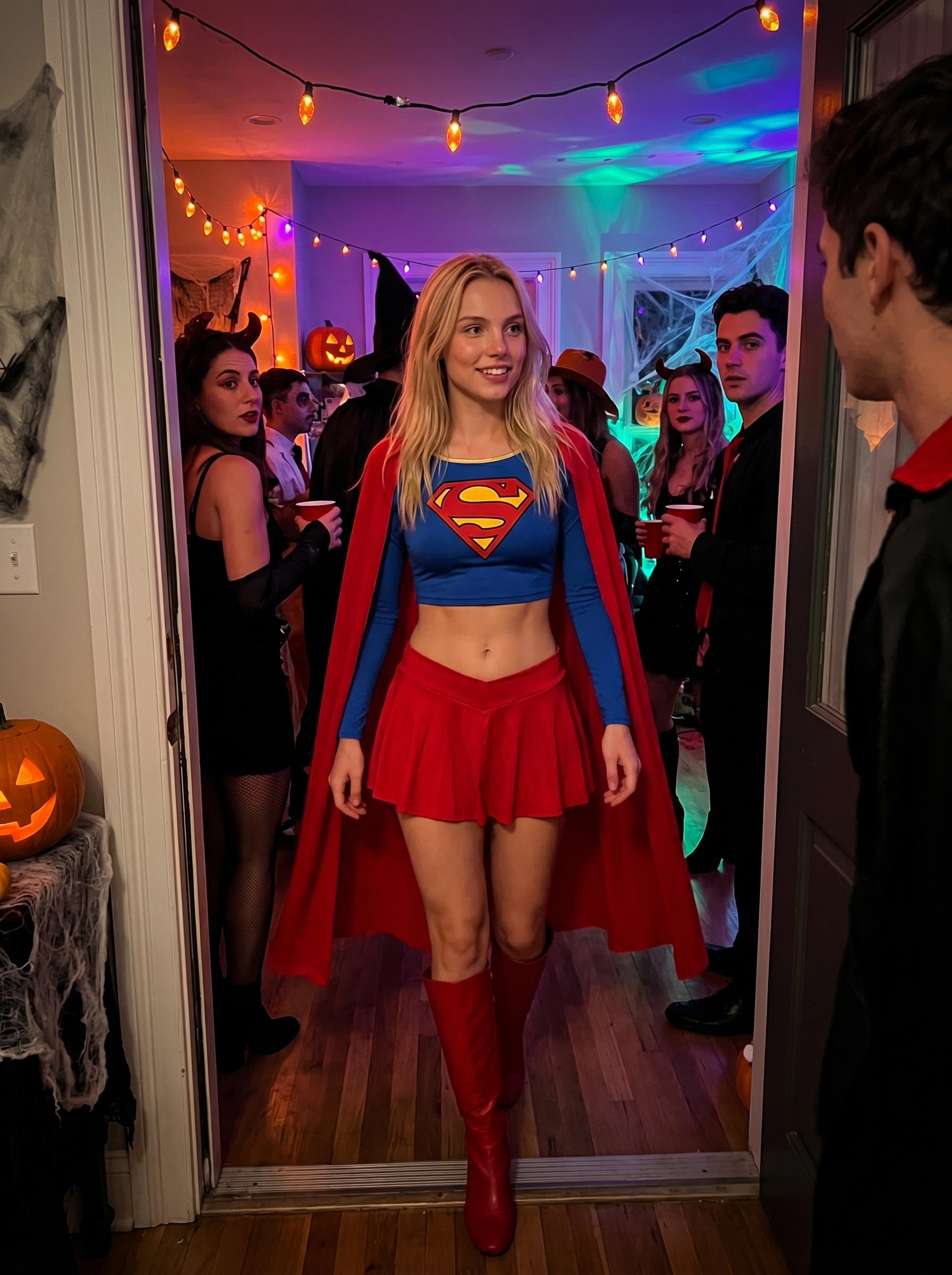 A woman in a Supergirl costume entering a Halloween party, surrounded by festive decorations and party lights.