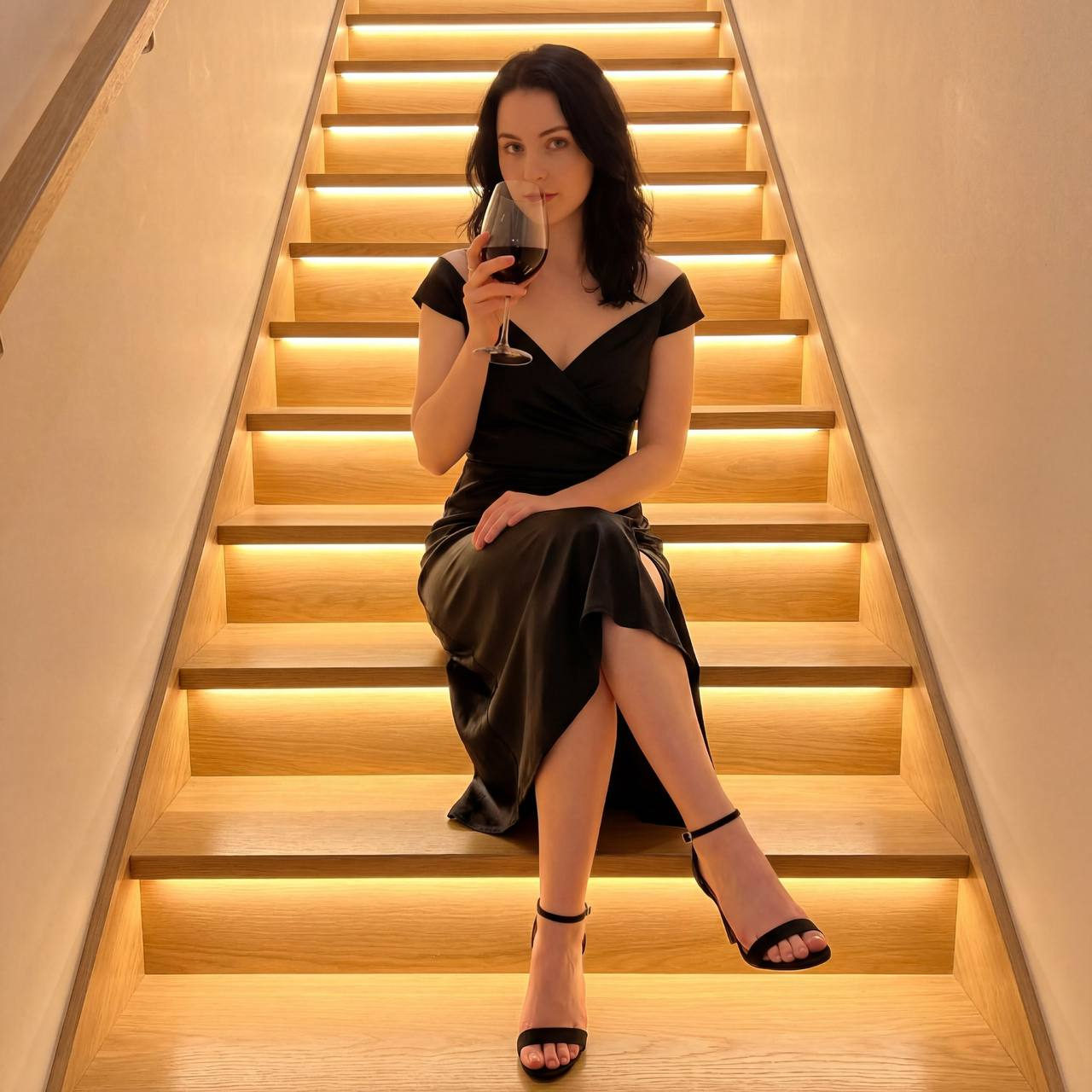 Realistic Woman Wine Glass Stairs