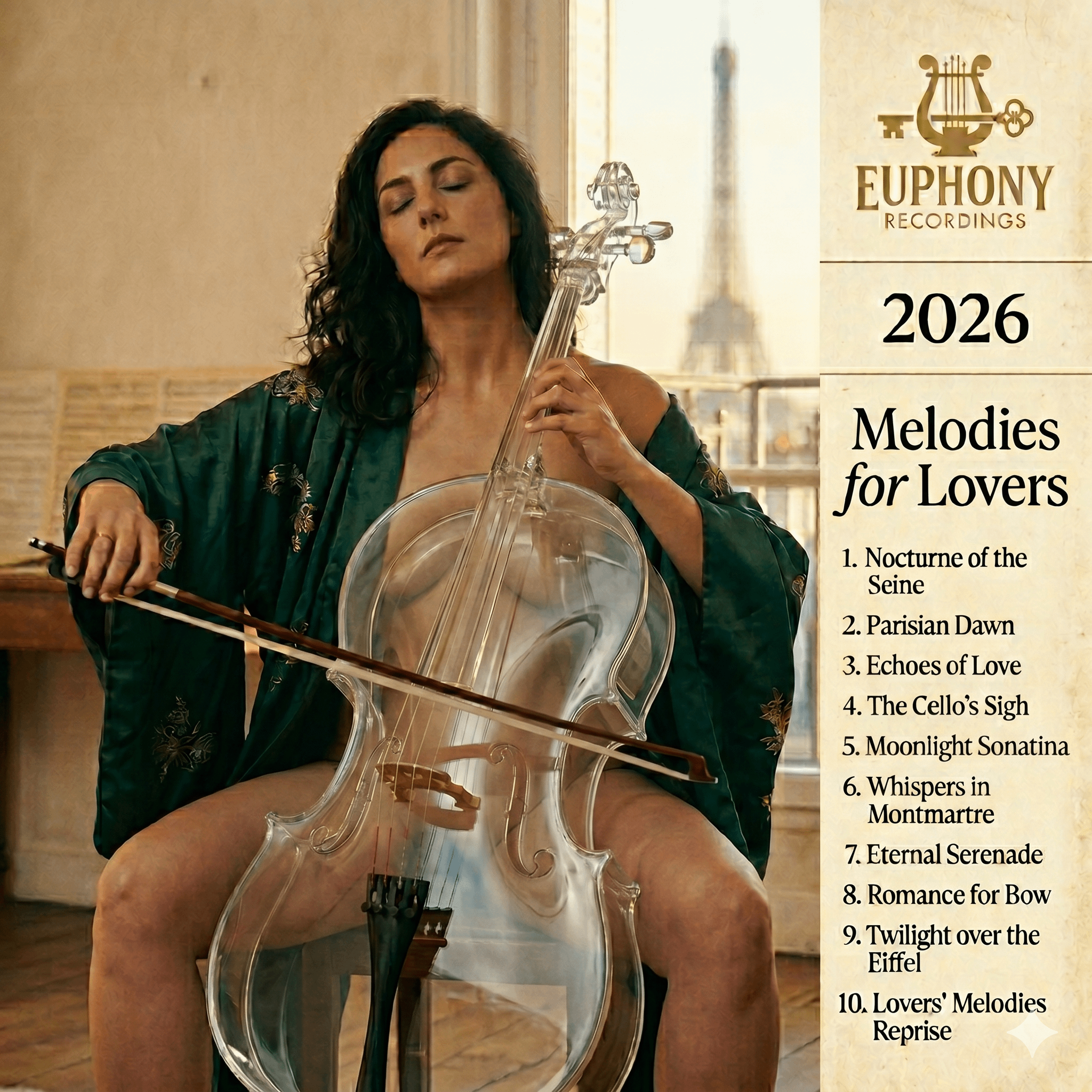 Woman in a dark green silk robe playing a clear acrylic cello indoors with the Eiffel Tower in the background.
