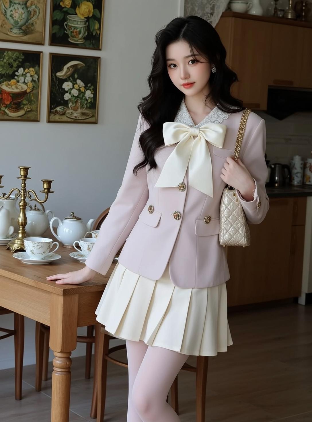 Pink Blazer Cream Skirt Wooden Table reference photo