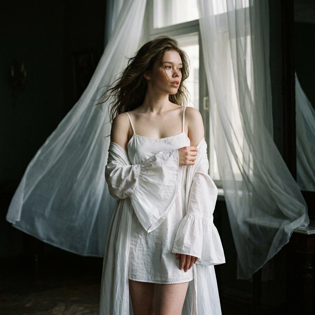 White Slip Dress And Robe By Window