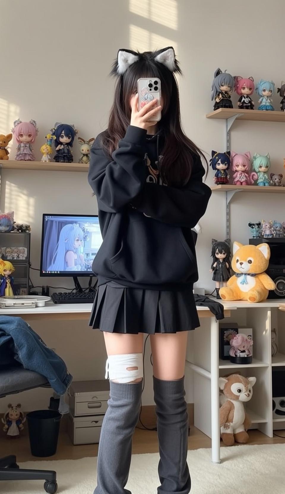 Grey Thigh Socks Black Hooded Sweatshirt Bedroom Wooden Floor Desk reference photo