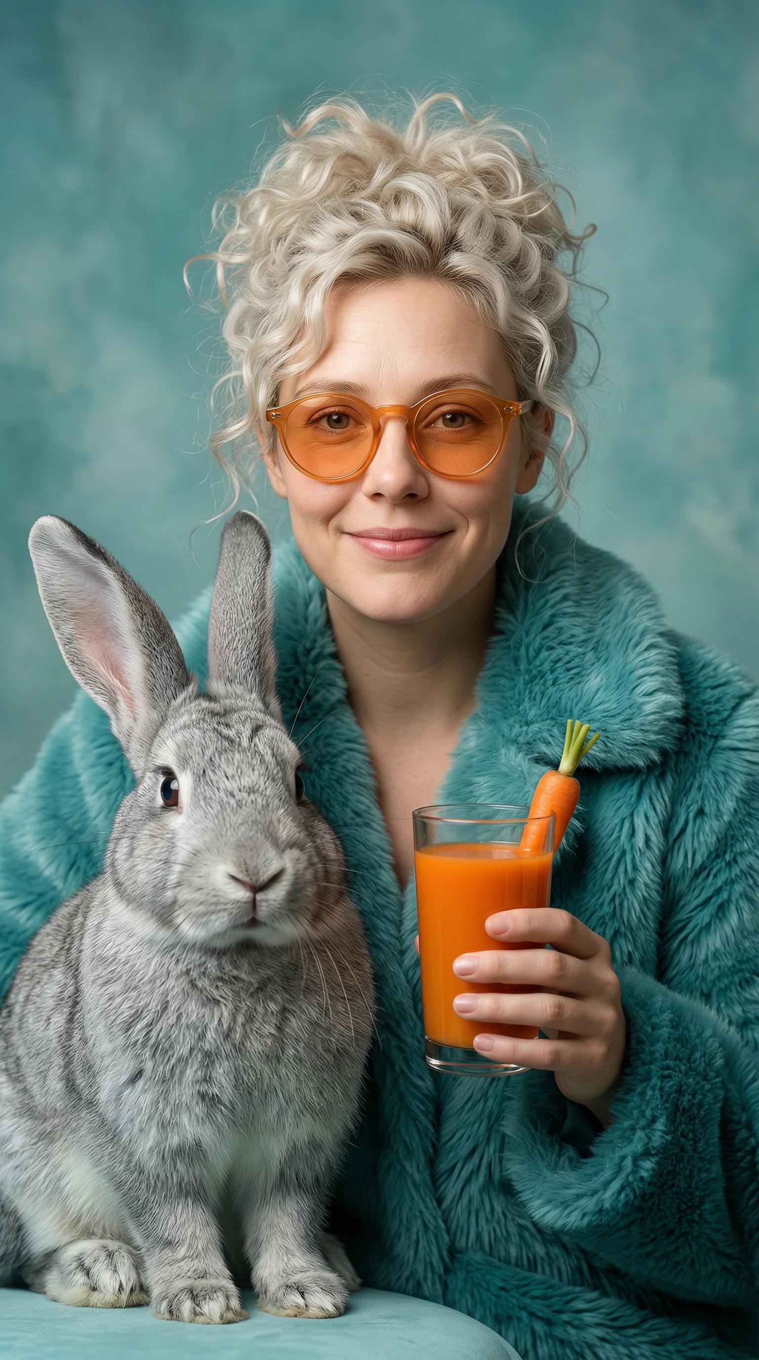 Teal Fur Coat Orange Glasses Gray Rabbit Carrot Juice