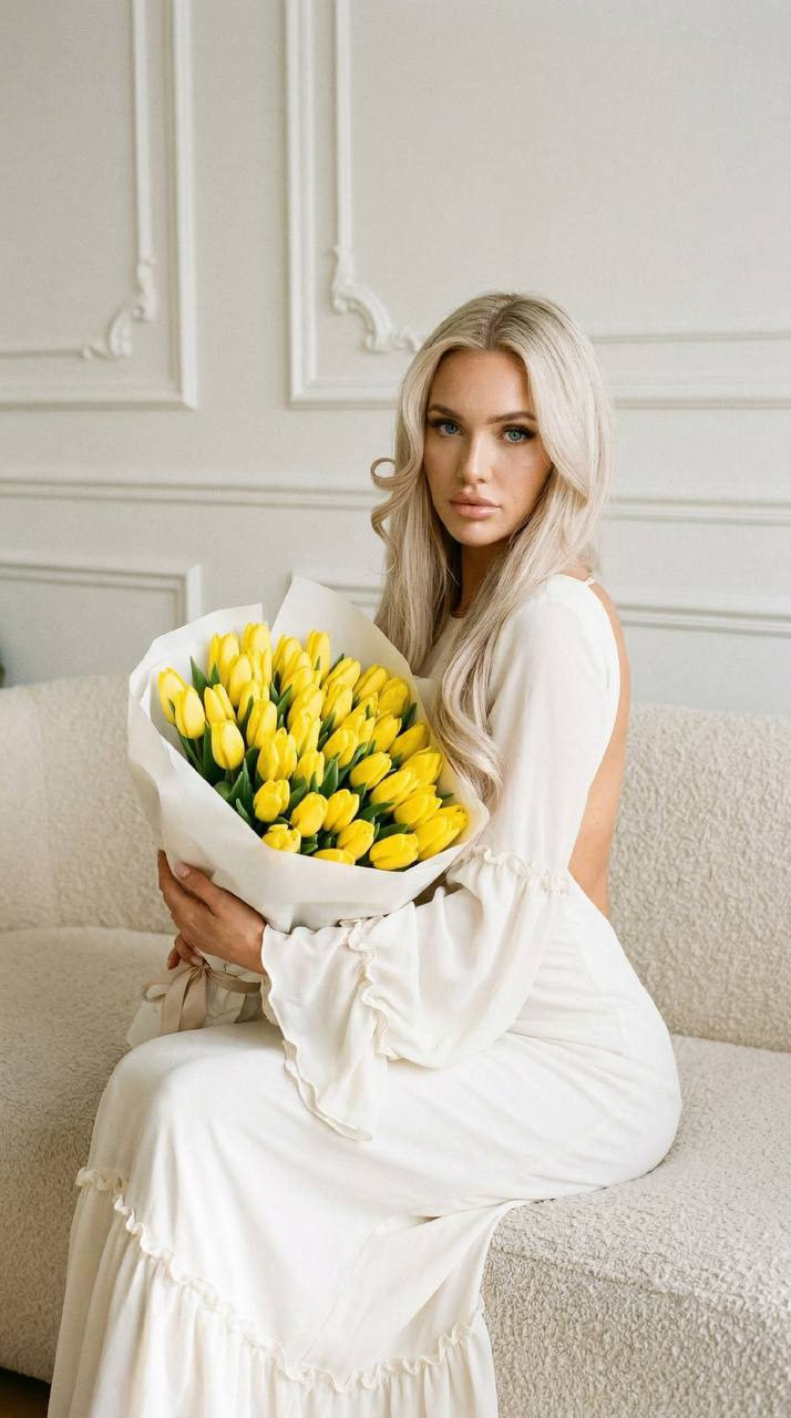 Woman Vintage Film Portrait Yellow Tulips