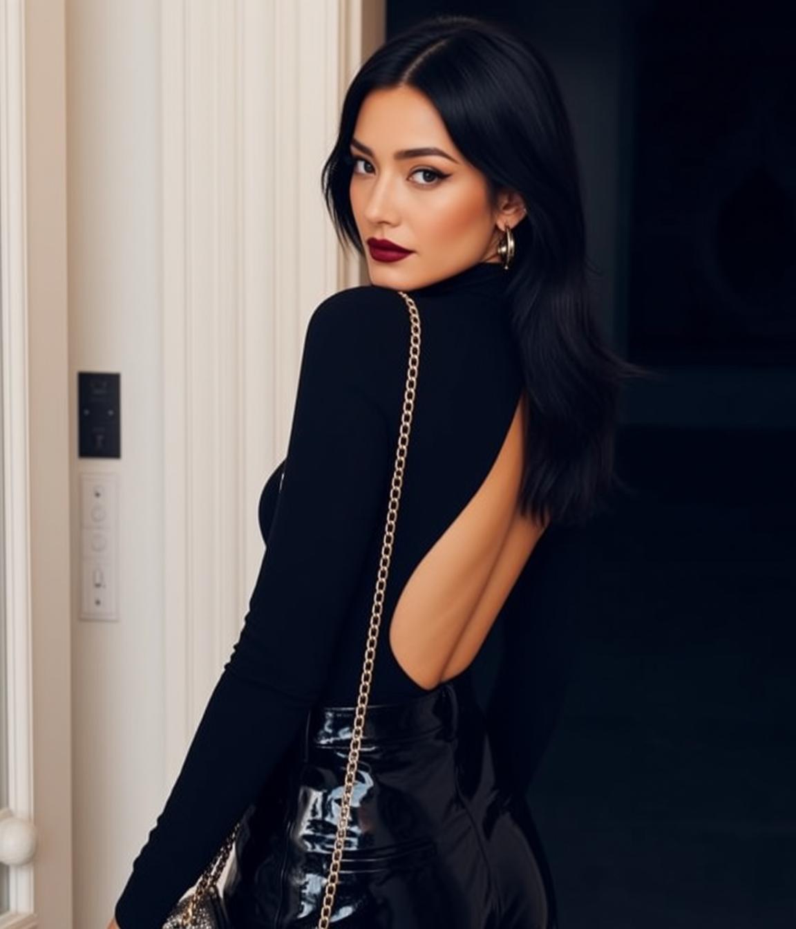 Black Turtleneck Patent Leather Pants Indoors reference photo