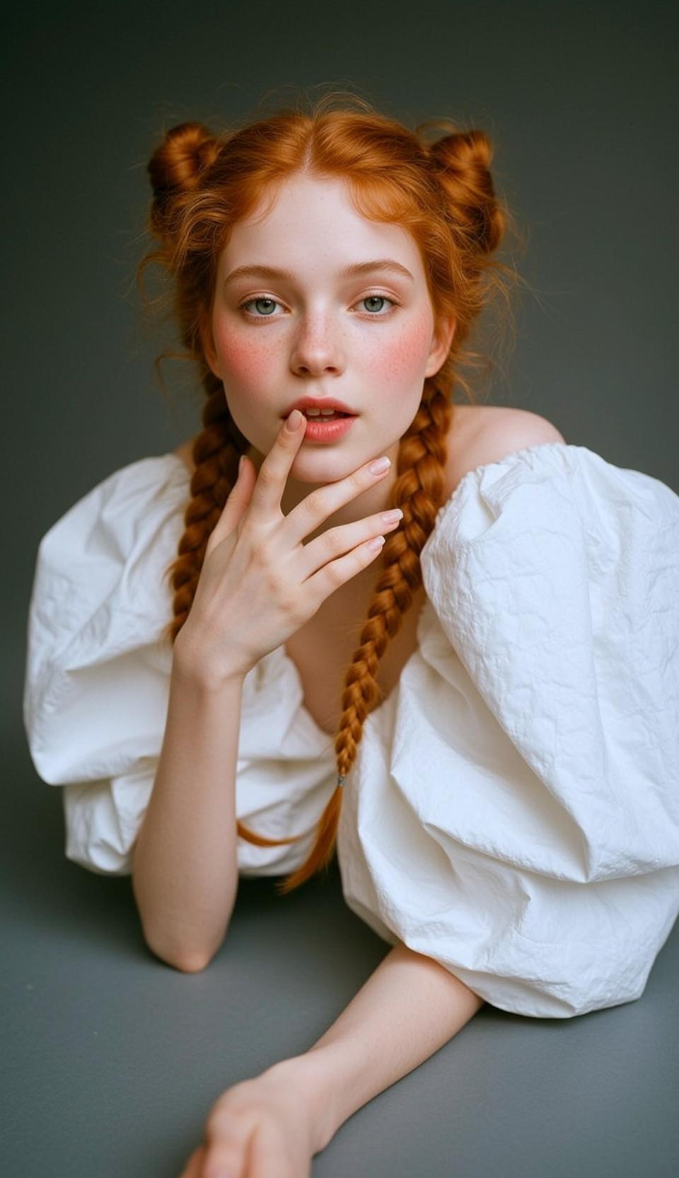 Freckled Redhead Ethereal Studio Portrait Soft Light reference photo