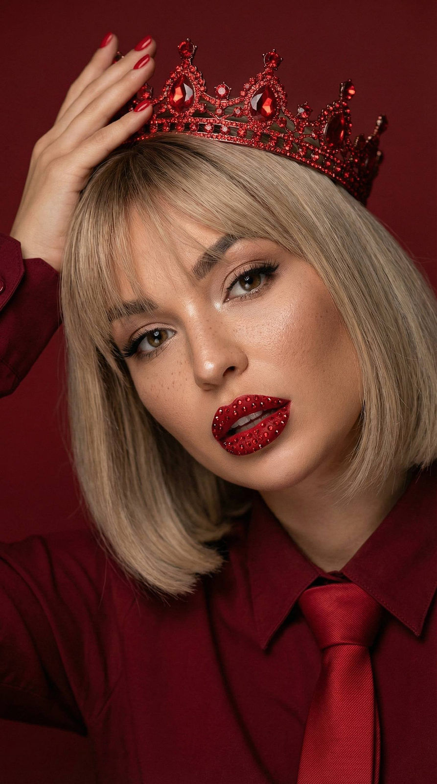 Realistic Red Crown Rhinestone Lips Editorial
