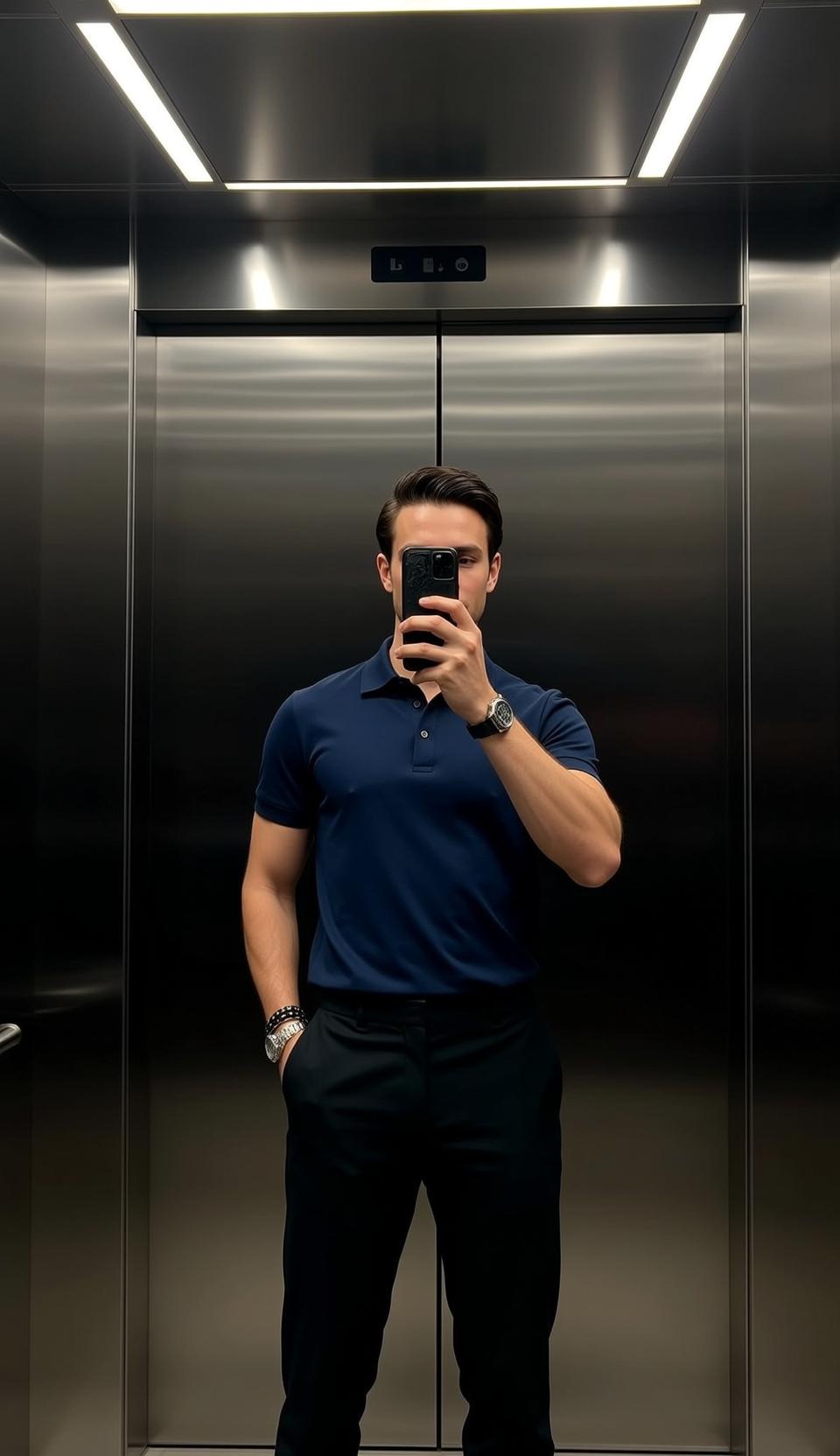 Dark Brown Slicked Back Fair Blue Polo reference photo