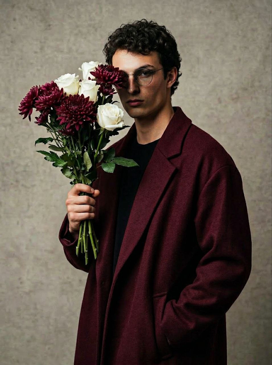 Male Burgundy Coat Flower Portrait