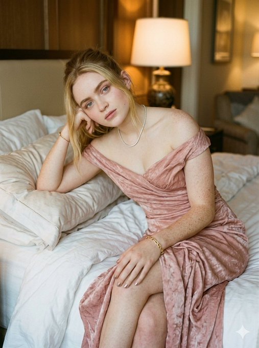 A woman in a dusty pink velvet gown seated on a plush white bed, soft lighting accentuating her features.