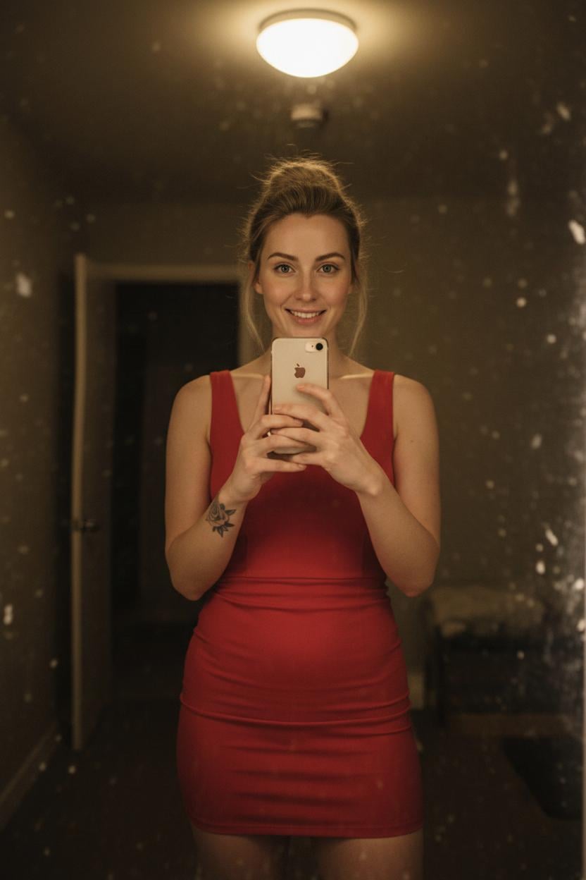 Woman in a tight red dress takes a mirror selfie in a night room, captured with smartphone realism.