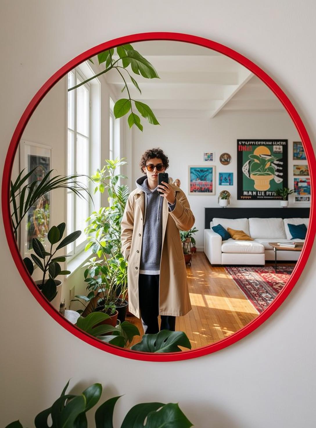 Trench Coat Living Room Selfie reference photo