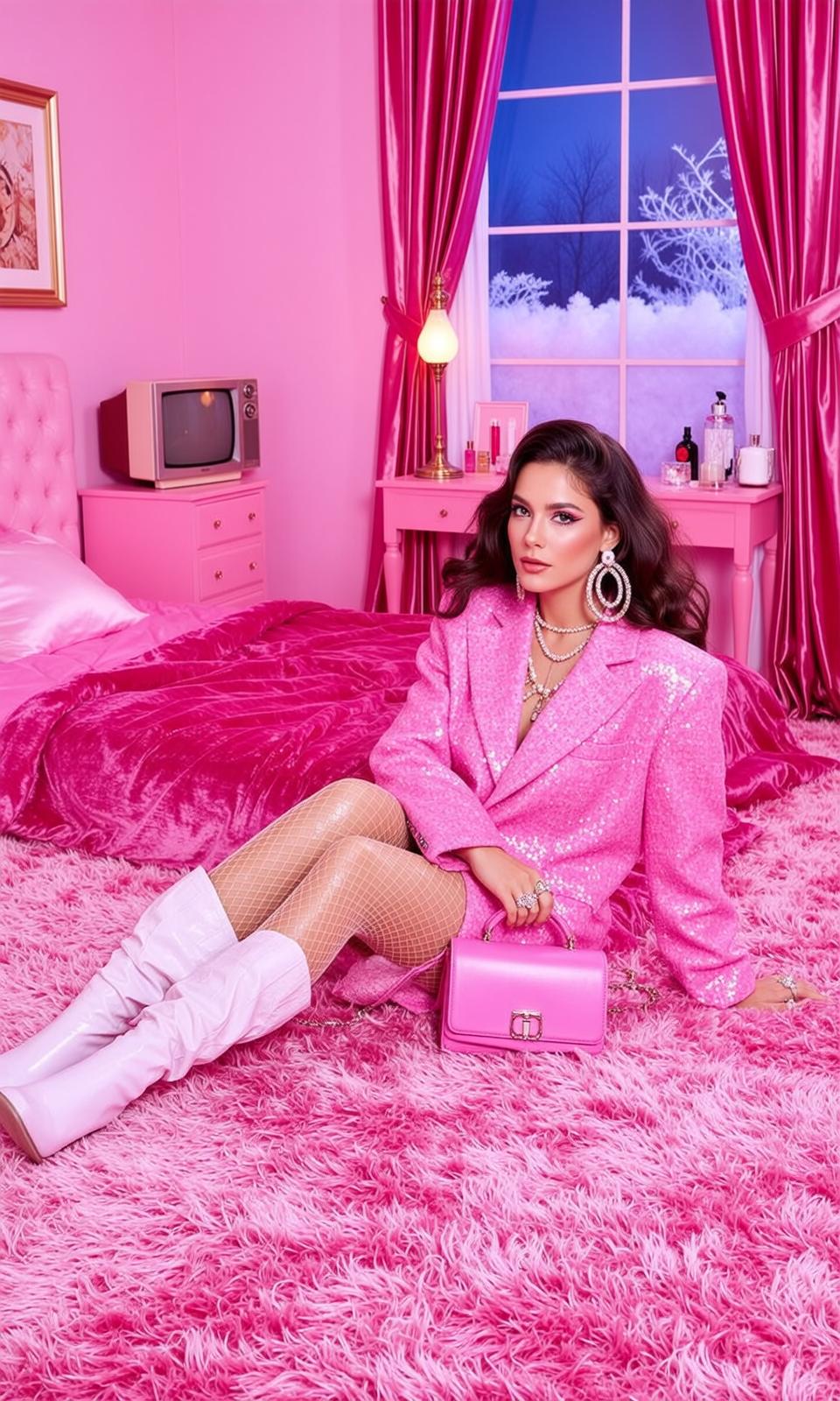 Barbiecore Seated Plush Bright Pink Shag Carpet reference photo