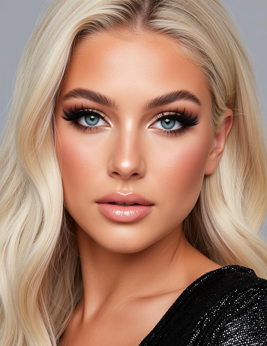 Photorealistic Portrait Young Woman With Striking Blue Eyes And Full reference photo