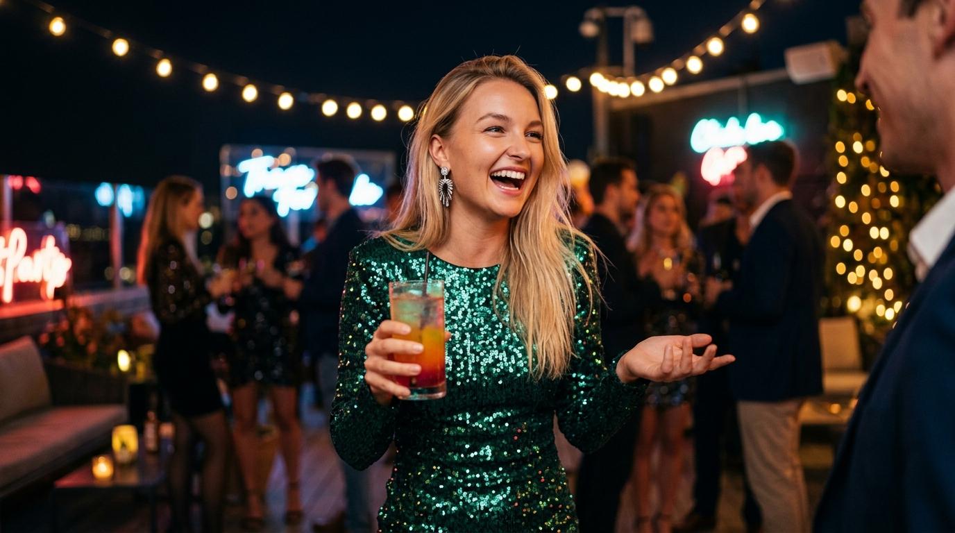 A woman in a sparkling emerald green sequined dress laughs while holding a tall layered cocktail at a rooftop party, with warm fairy lights in the background.