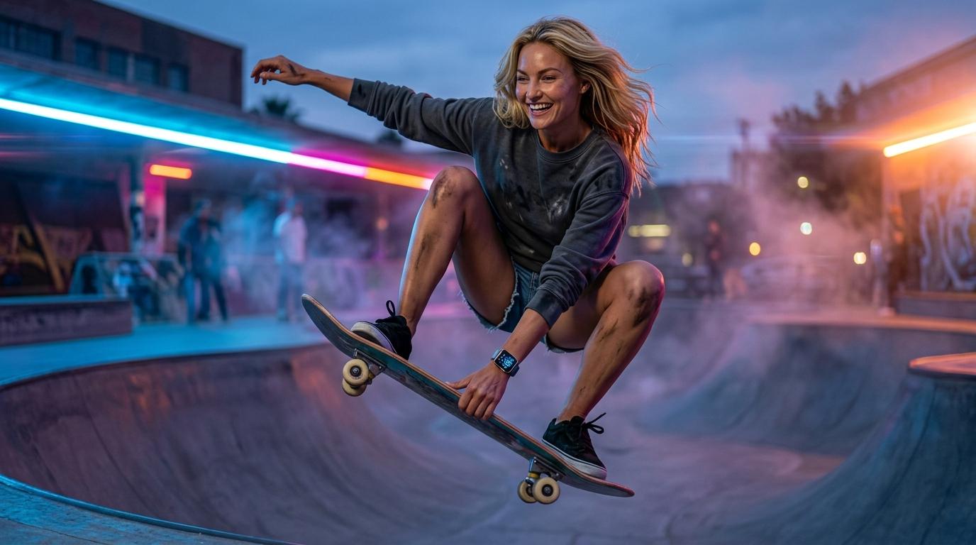 A rebellious skateboarder executing a trick in an urban skatepark, illuminated by neon dusk lights, showcasing their stylish outfit.