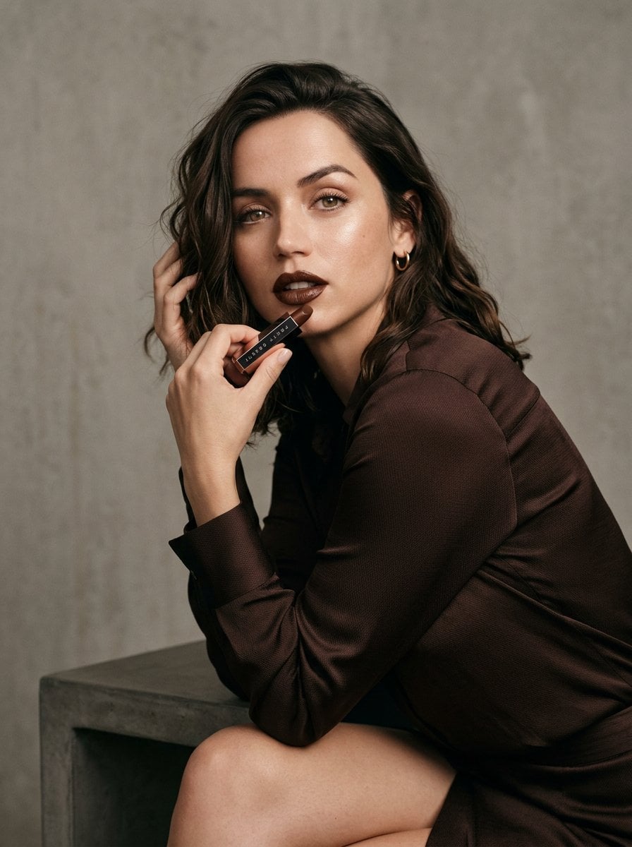 A woman wearing a dark brown silk shirt seated on a concrete block, softly lit against a textured grey wall.