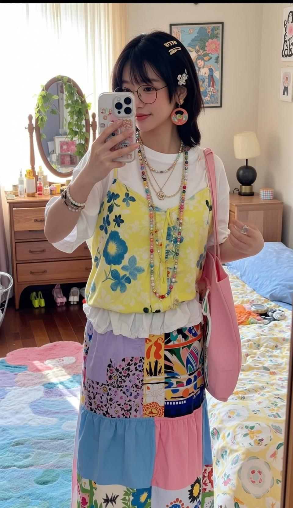 Floral Skirt Gold Barrettes Glasses reference photo