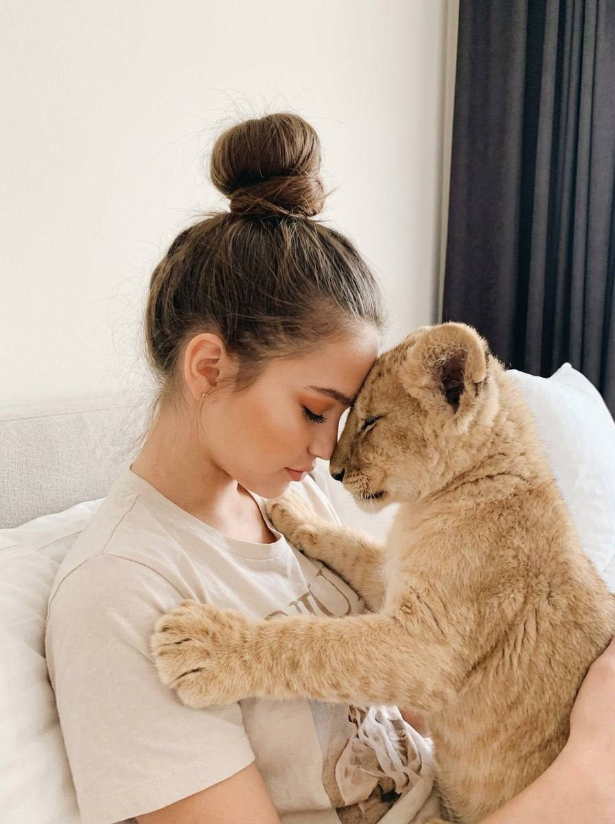 Girl And Lion Cub Tender Moment Soft Focus Pastel Tones