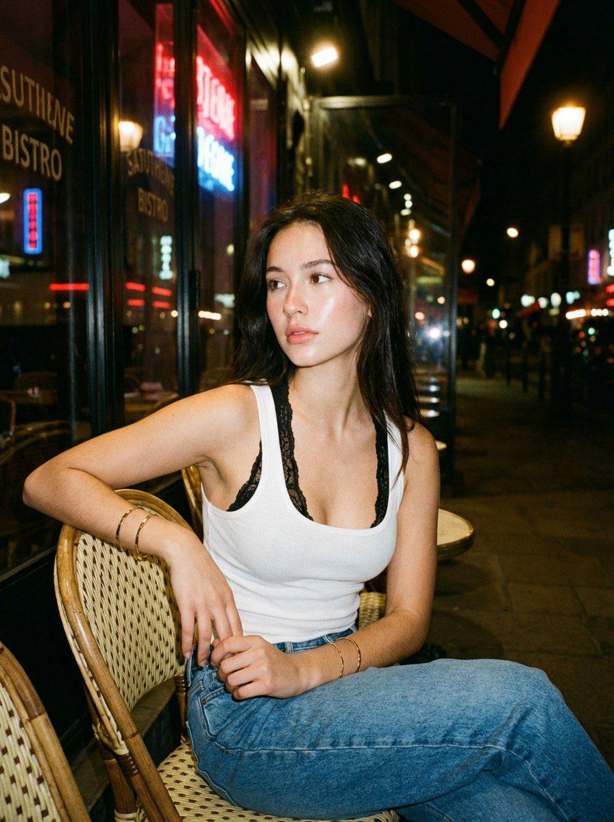 Night Street Portrait Woman Wicker Chair Bistro