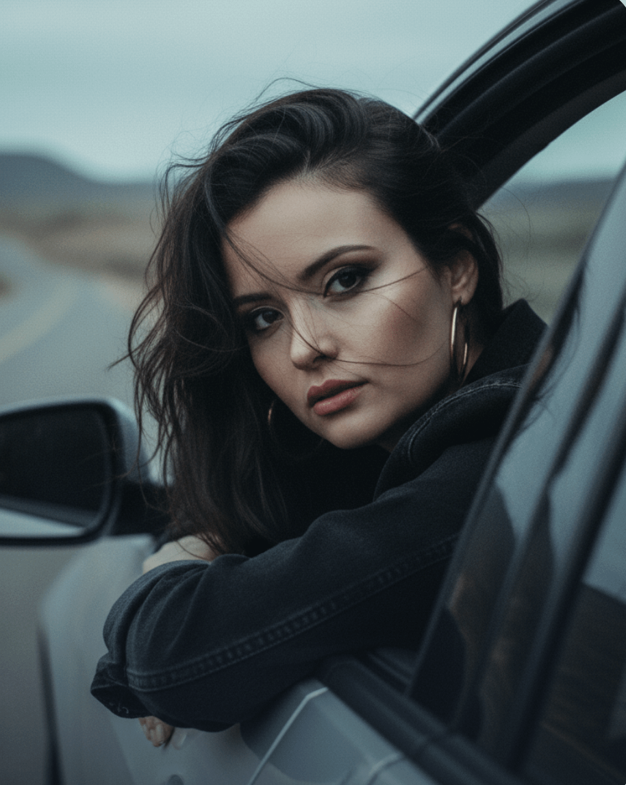 Leaning From Car Window Windswept Hair reference photo