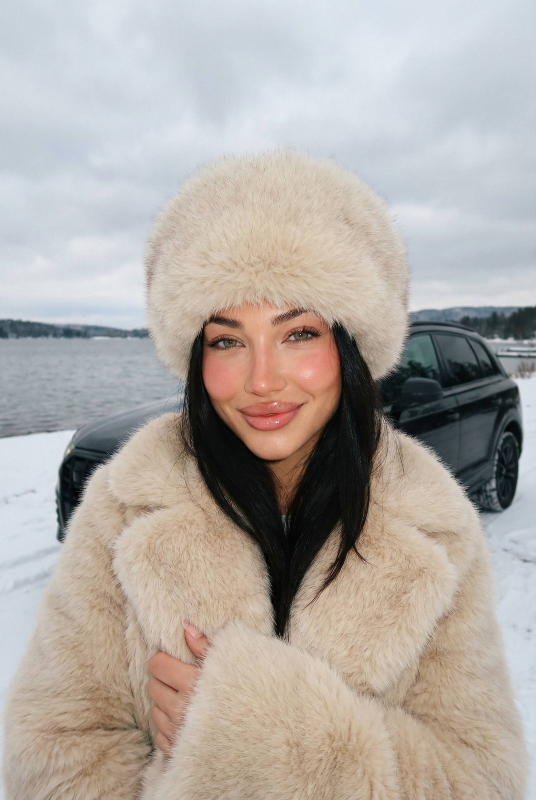 Snowy Lakeside Woman Fur Coat Portrait