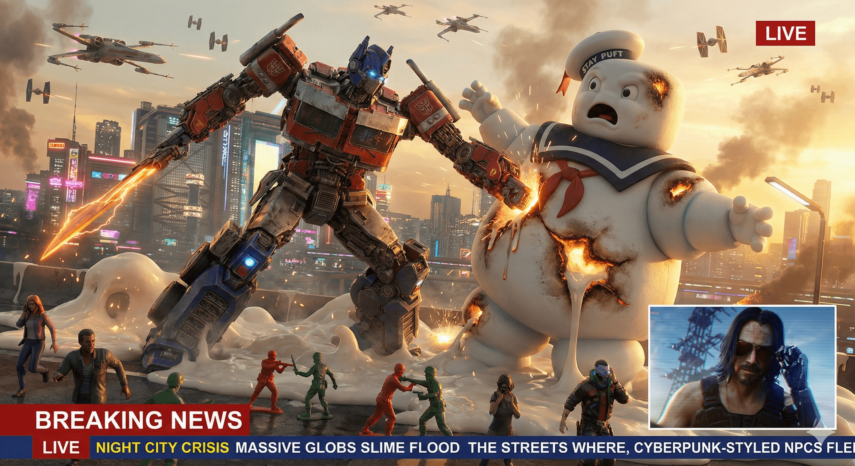 Optimus Prime Vs Stay Puft Futuristic City Goo