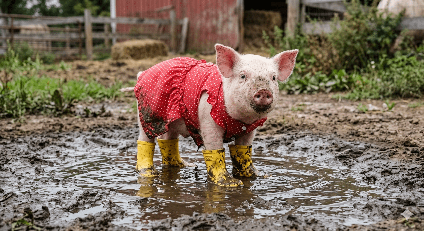 Piglet In Red Dress Muddy Puddle Farm Scene