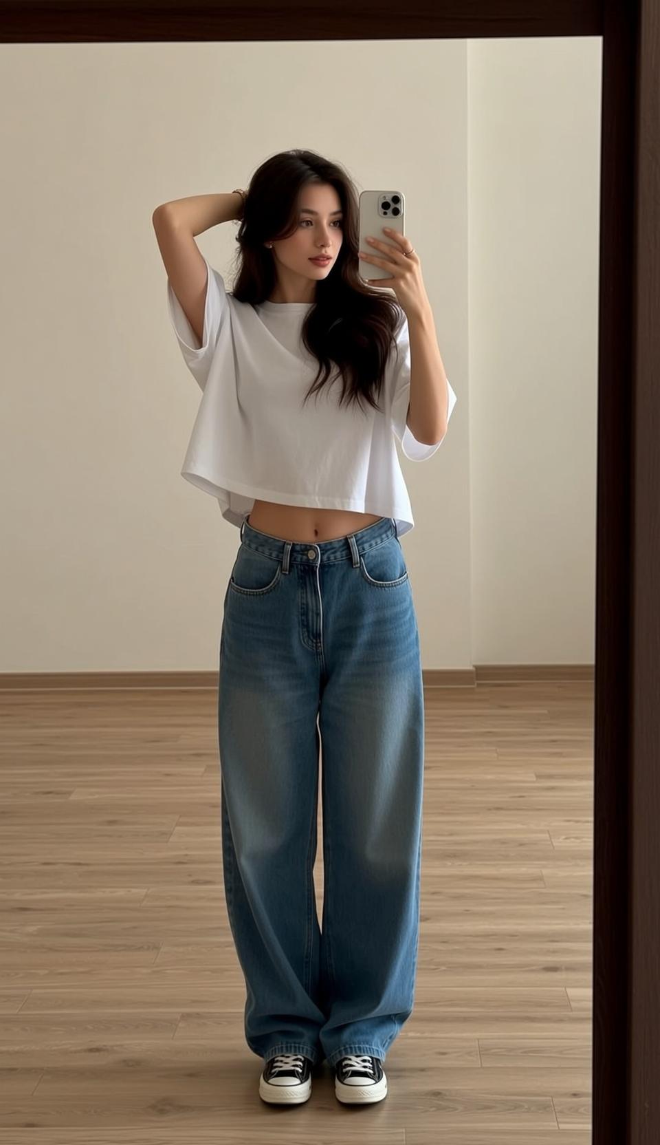 Mirror Selfie White Tee Blue Jeans reference photo
