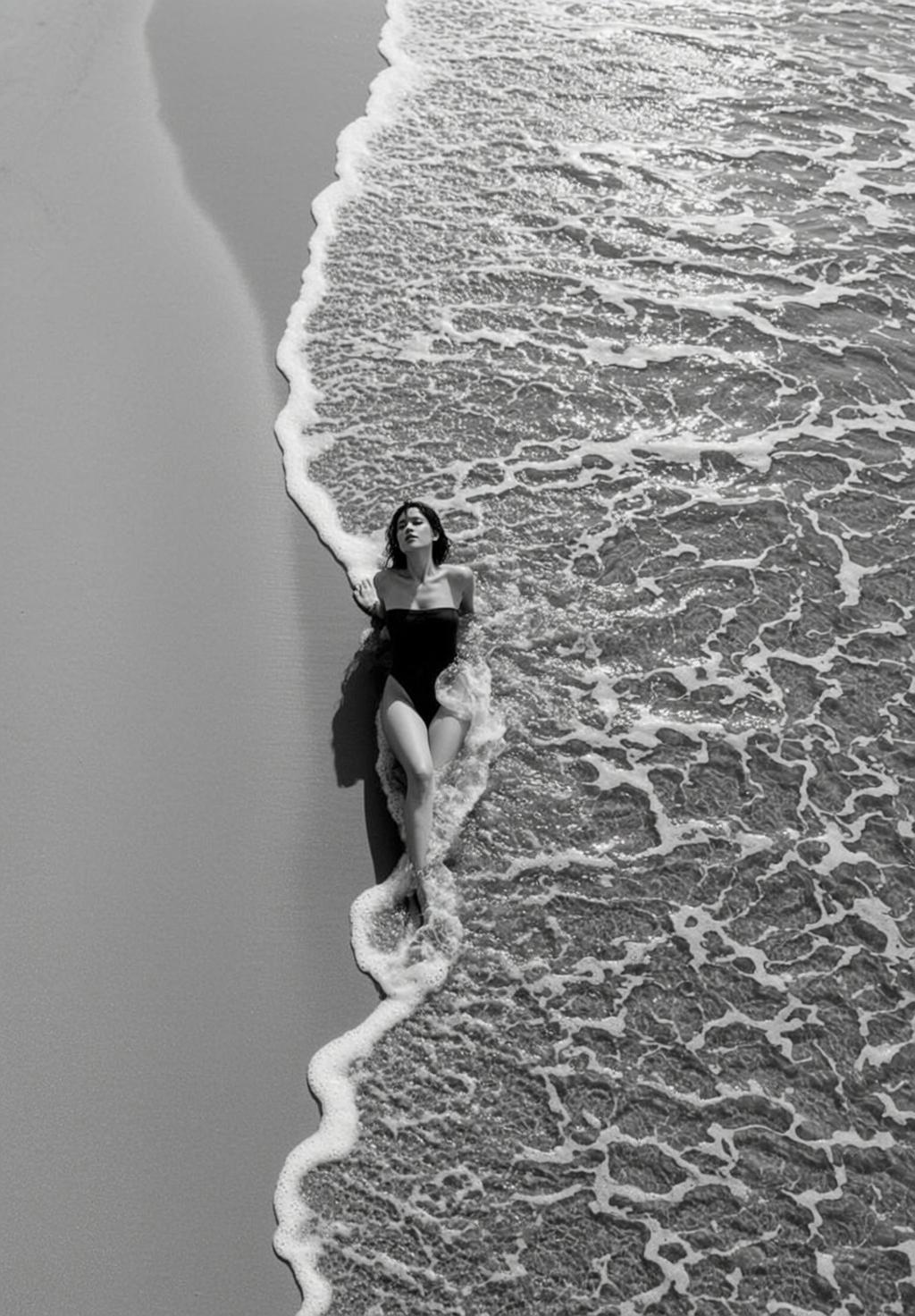 High-angle Full-body Shot Black And White Captures Woman Lying Sandy reference photo