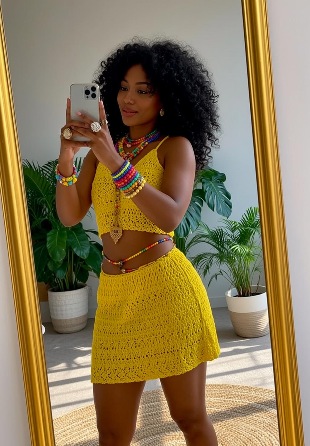Yellow Crochet Selfie Gold Mirror Plants reference photo