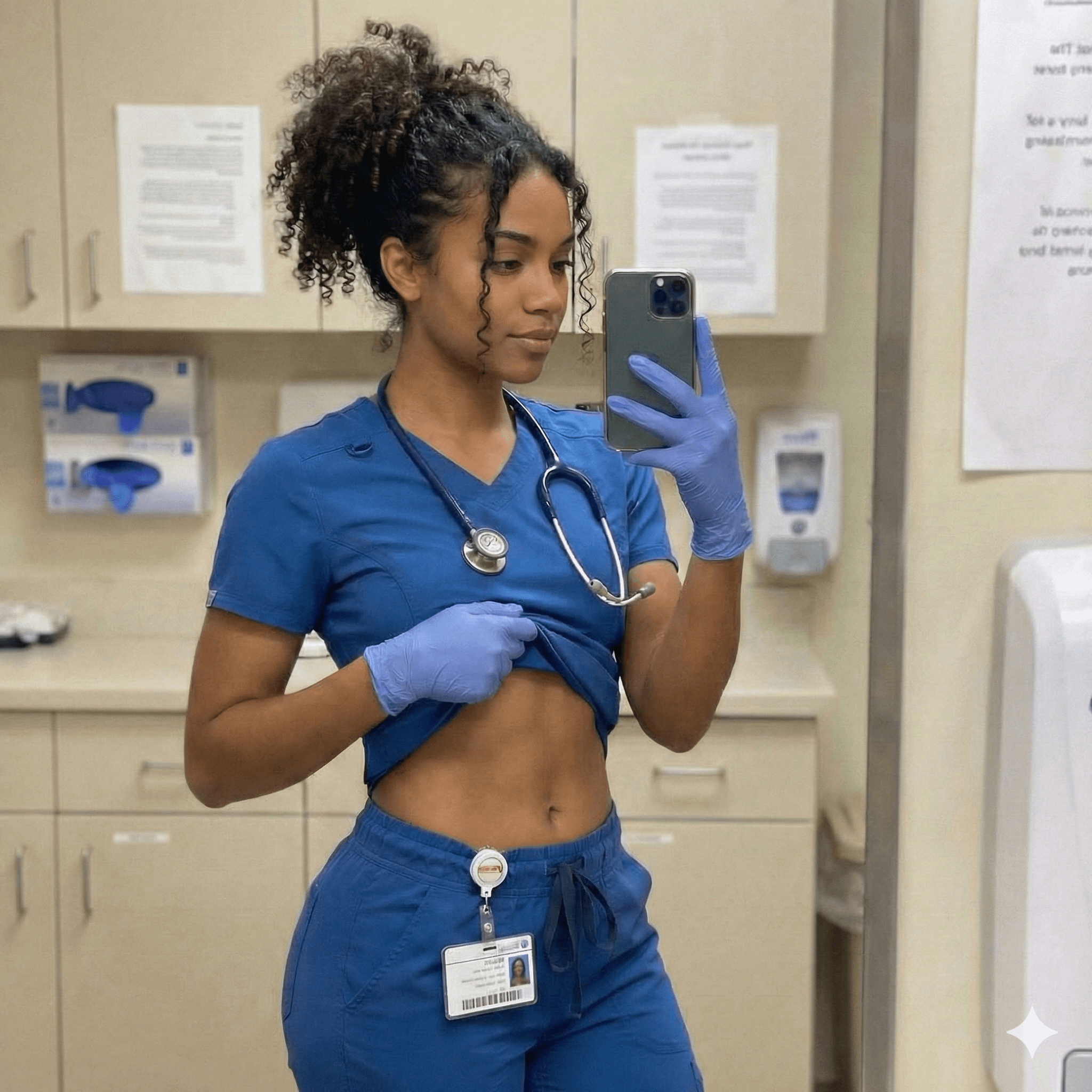 Photorealistic mirror selfie of a woman in navy scrubs, casually lifting her scrub top in a clinical exam room