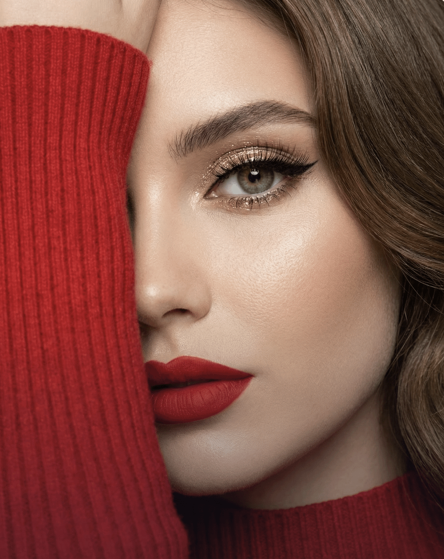 Red Sweater Sleeve With Gold Eye Makeup reference photo