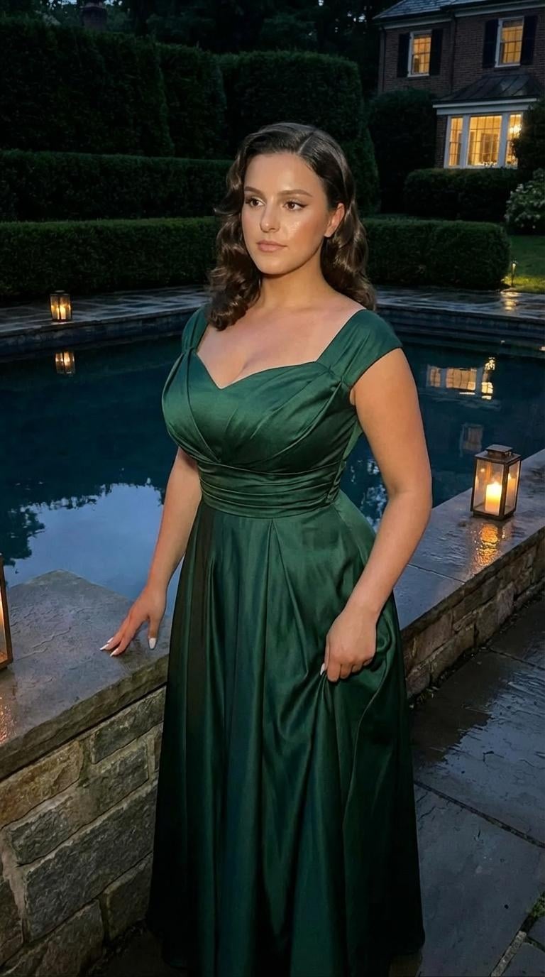 Emerald Satin Dress By Pool At Dusk
