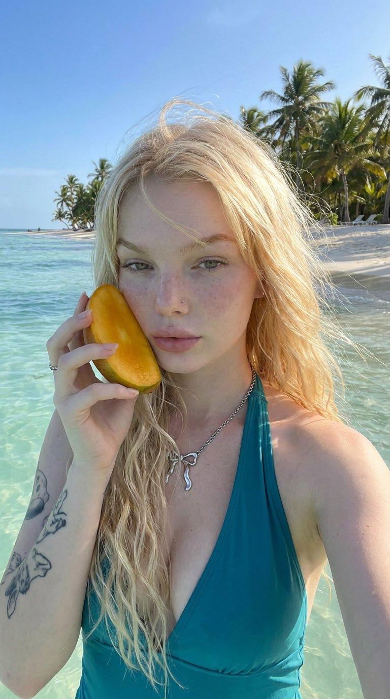 Ripe Mango Against Cheek Crystal Clear Tropical Ocean reference photo