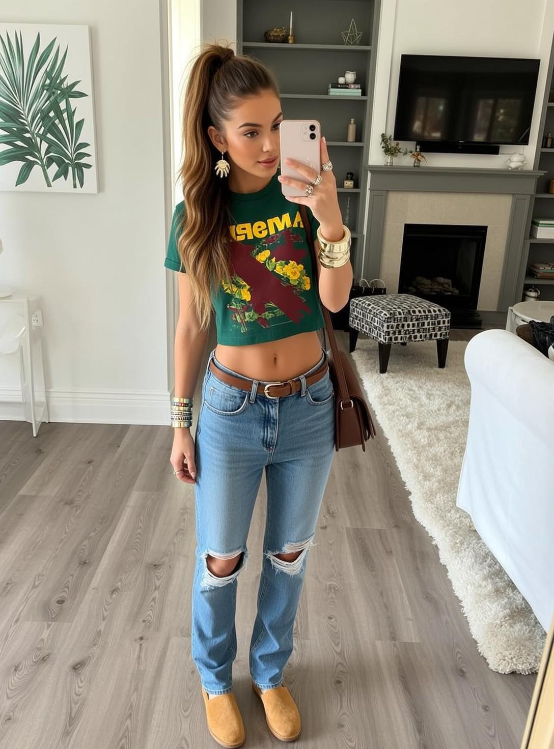 Ripped Jeans Taking Selfie In Living Room reference photo