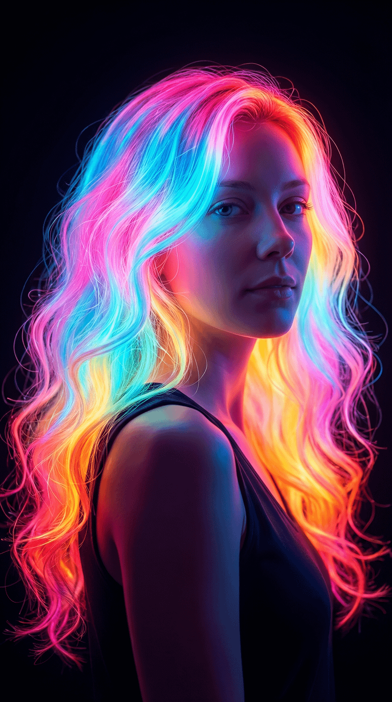 Profile portrait of a woman with vibrant rainbow gradient hair glowing against a black background, wearing a dark top.