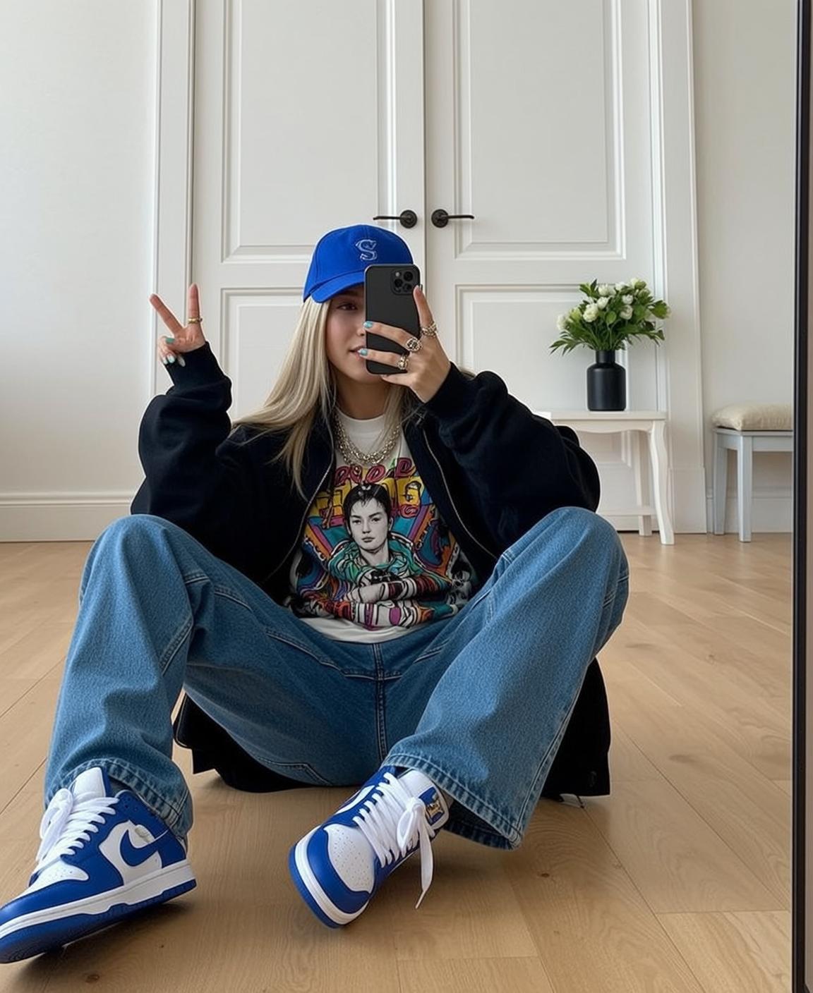 Blonde Woman White T Shirt Blue Jeans Bomber Jacket Selfie