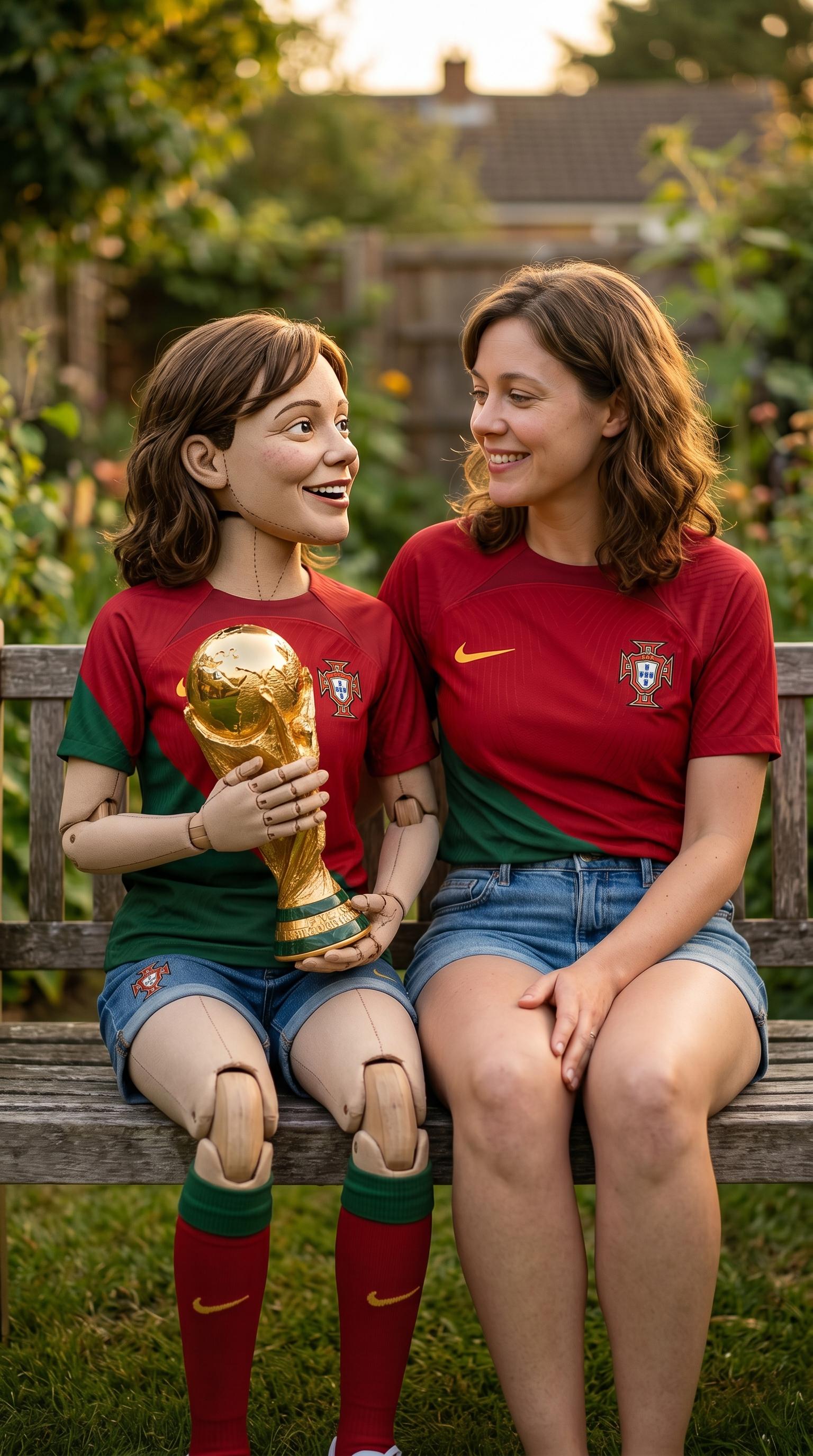 A woman in a Portugal national football kit posing with a FIFA World Cup trophy in a lush garden setting with warm lighting.