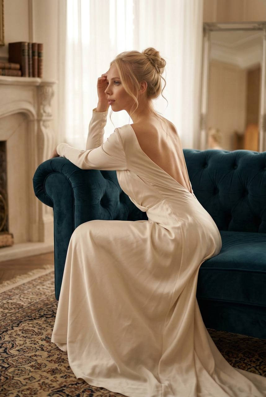Ivory Silk Dress Sofa Portrait Realistic