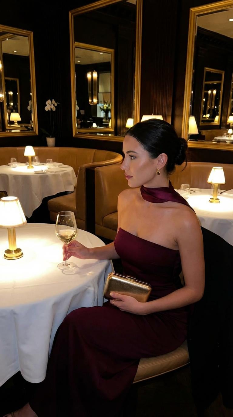 Deep Burgundy Strapless Dress Neck Scarf In Dimly Lit